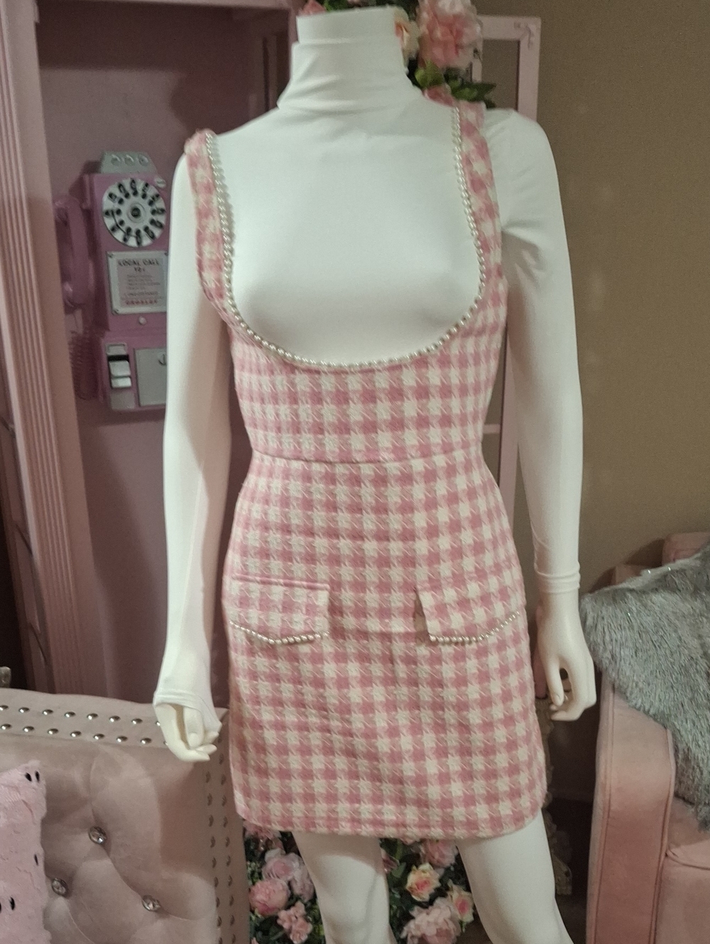 Pink & Cream Houndstooth Pearl-Trim Sleeveless Mini Dress  Like New Size S